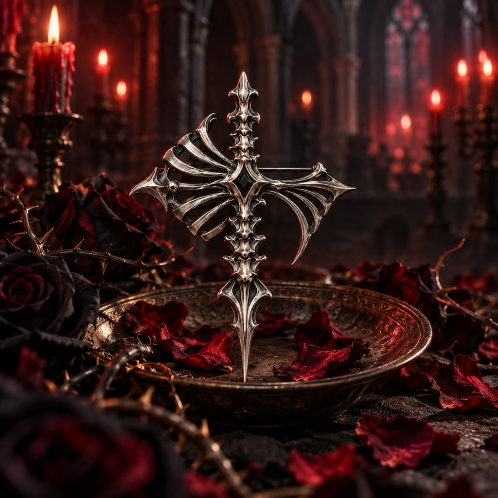Medieval reliquary cross pin with asymmetric bone structure set among dark red roses and candlelight inside a gothic cathedral, handcrafted silver jewelry by Kurga Atelier.
