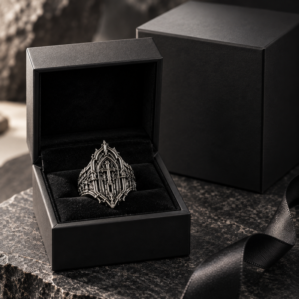 Kurga Atelier gothic cathedral silver ring packaged in luxury black velvet jewelry box