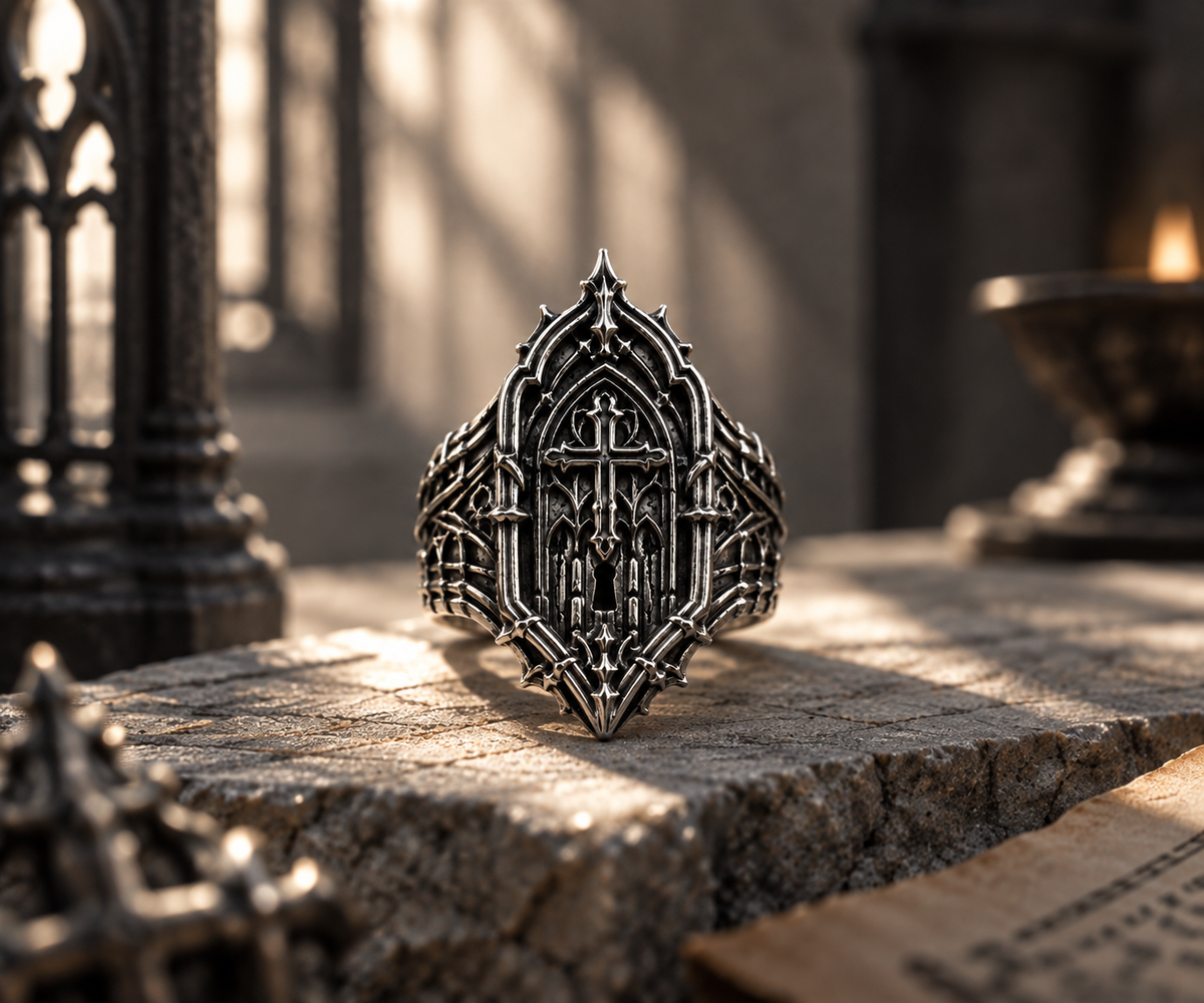 Dark academia gothic cathedral ring displayed on stone table with candlelit ambient by Kurga Atelier