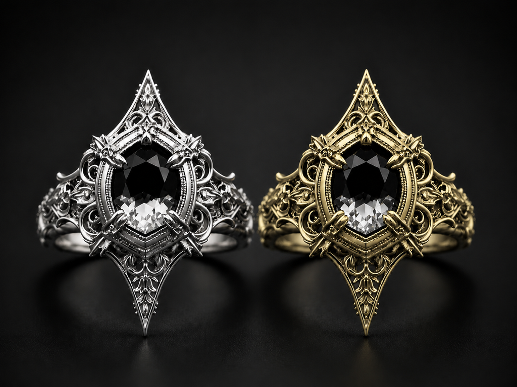 Metal choice showcase for Kurga Atelier cathedral ring. Comparison between oxidized sterling silver and yellow gold gothic engagement ring options.