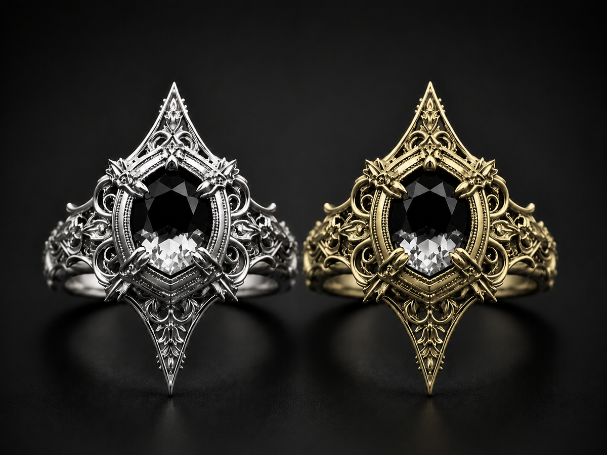 Metal choice showcase for Kurga Atelier cathedral ring. Comparison between oxidized sterling silver and yellow gold gothic engagement ring options.