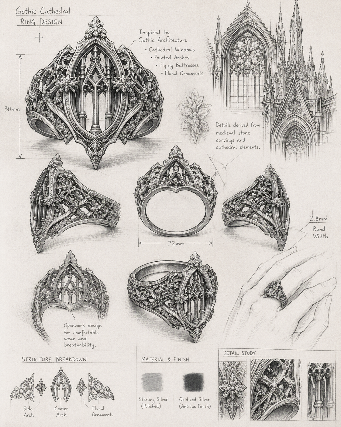 Original hand-drawn design sketches and concept art for Kurga Atelier gothic cathedral ring, showing architectural archway blueprints and carved honeybee filigree details.