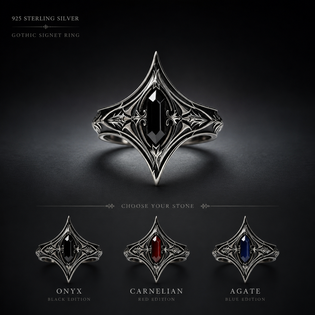 Kurga Atelier gothic silver statement ring gemstones options chart showing black onyx, red carnelian, and blue stone variations in medieval armor design.