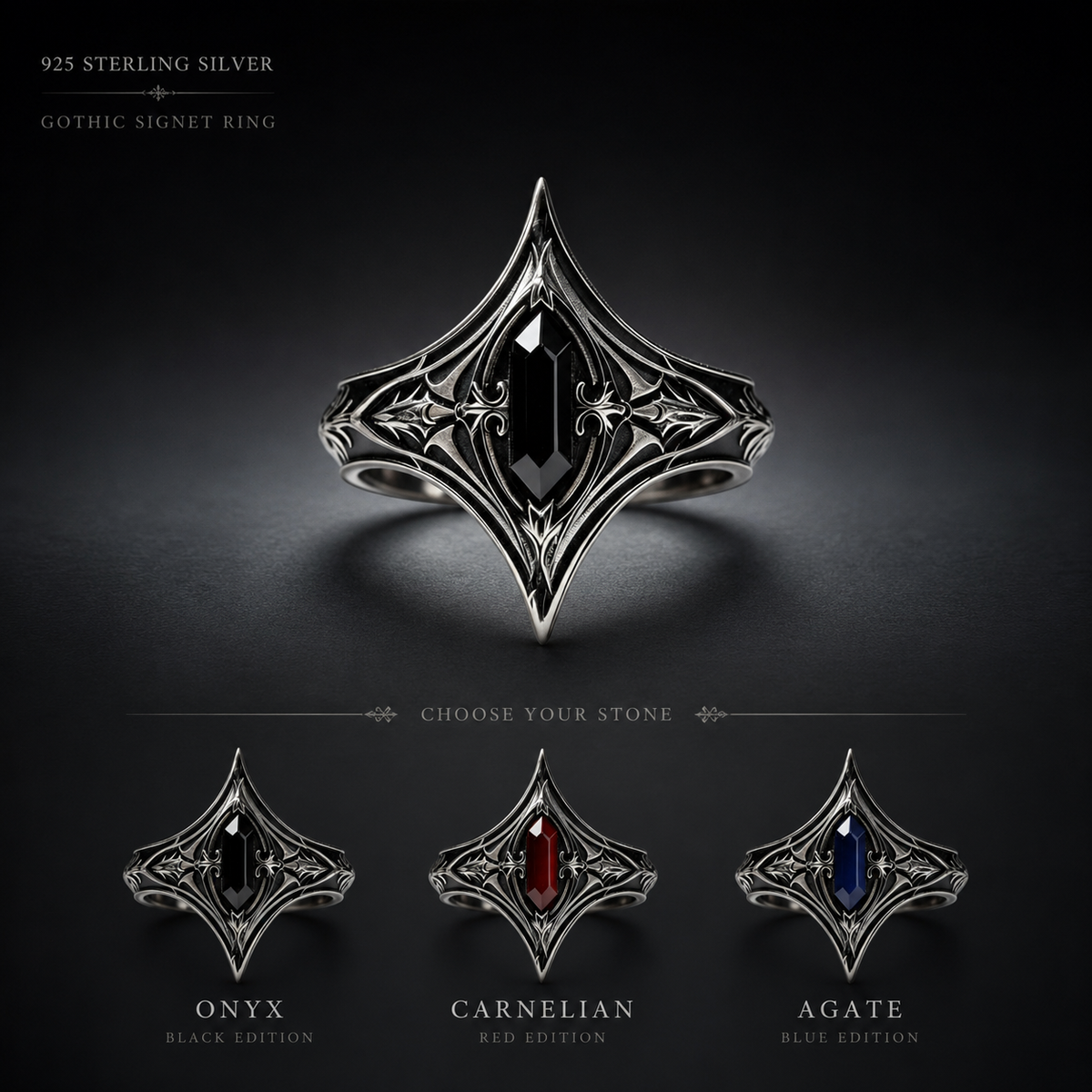 Kurga Atelier gothic silver statement ring gemstones options chart showing black onyx, red carnelian, and blue stone variations in medieval armor design.