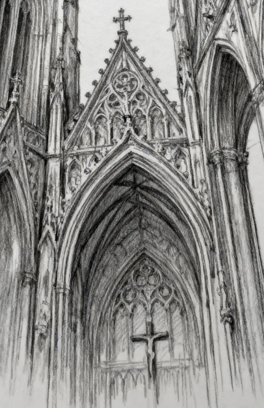 Architectural gothic cathedral church artwork depicting pointed arches and vault windows, serving as the design inspiration for Kurga Atelier solid silver rings.