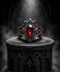 Cathedral Engagement Ring Gothic architecture in oxidized 925 sterling silver encasing a red gemstone, handcrafted by Kurga Atelier with Memento Mori skull reliefs for alternative dark romance.