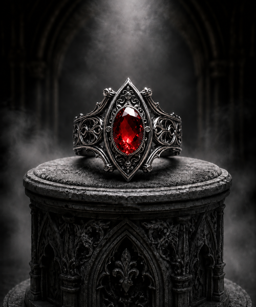 Cathedral Engagement Ring Gothic architecture in oxidized 925 sterling silver encasing a red gemstone, handcrafted by Kurga Atelier with Memento Mori skull reliefs for alternative dark romance.