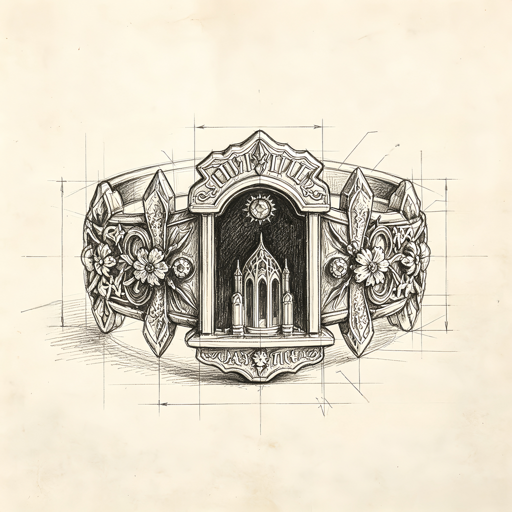 Original Kurga Atelier hand-drawn design sketch of the gothic cathedral reliquary ring.