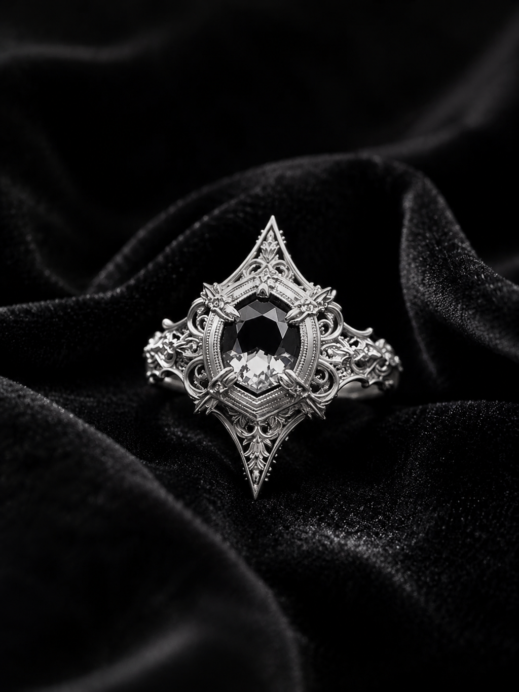 Kurga Atelier gothic black gemstone ring on luxurious black silk. Vintage cathedral ring design in sterling silver for dark academia alternative bridal jewelry.