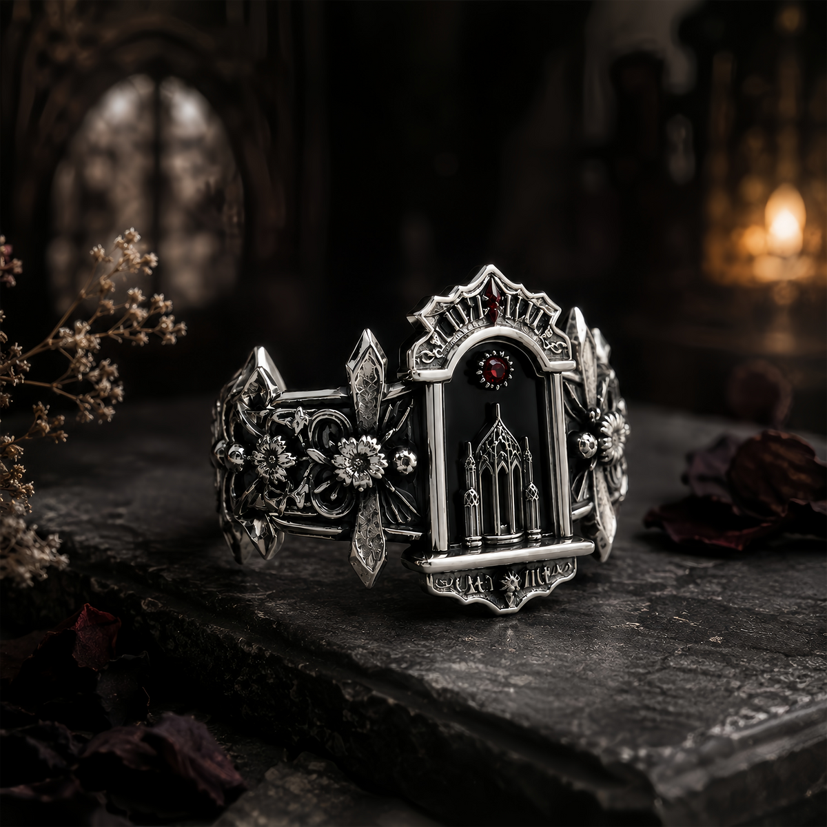 Dark academia gothic cathedral statement band placed in an architectural interior setting with candlelight ambience.