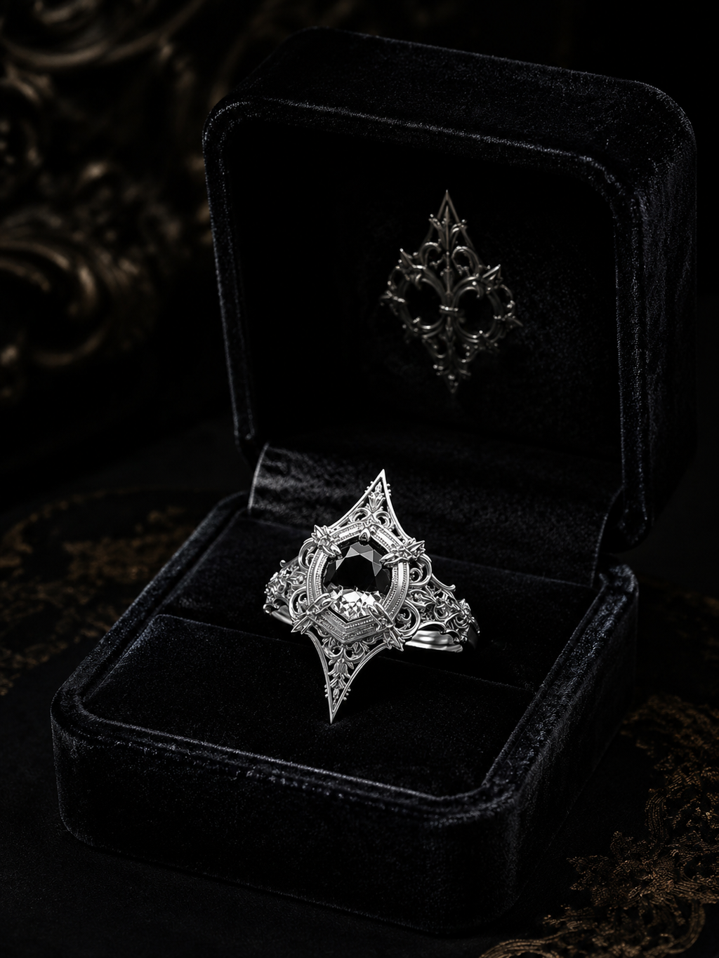 Kurga Atelier gothic engagement ring presented in a premium black velvet jewelry gift box. Sterling silver alternative bridal ring with cathedral shield filigree design.