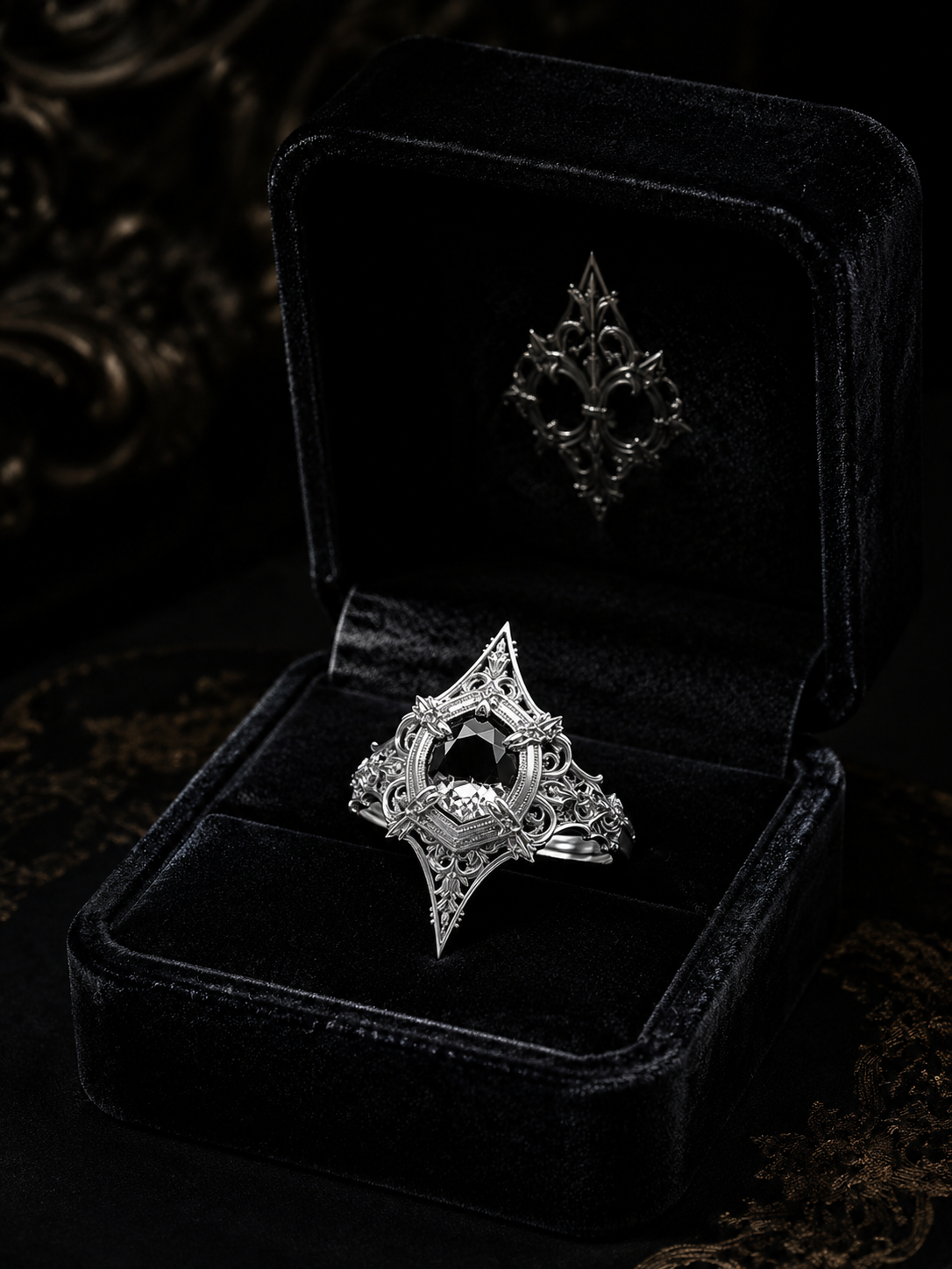 Kurga Atelier gothic engagement ring presented in a premium black velvet jewelry gift box. Sterling silver alternative bridal ring with cathedral shield filigree design.
