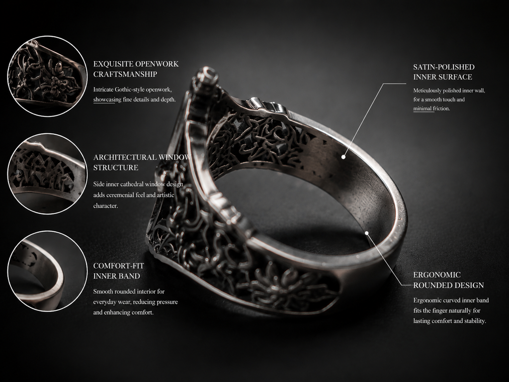 Size specification diagram for Kurga Atelier gothic cathedral ring showcasing 22.6mm face height, 6.1mm band width, and solid sterling silver craft details for alternative jewelry buyers.