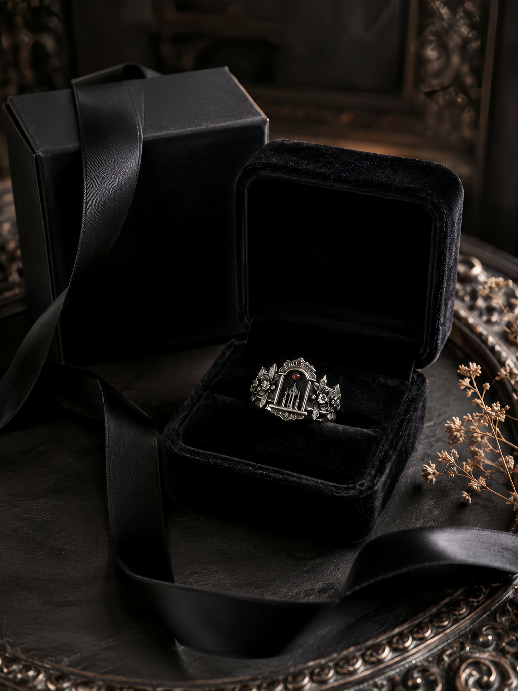 Kurga Atelier gothic cathedral silver ring packaged inside a signature black velvet jewelry gift box.