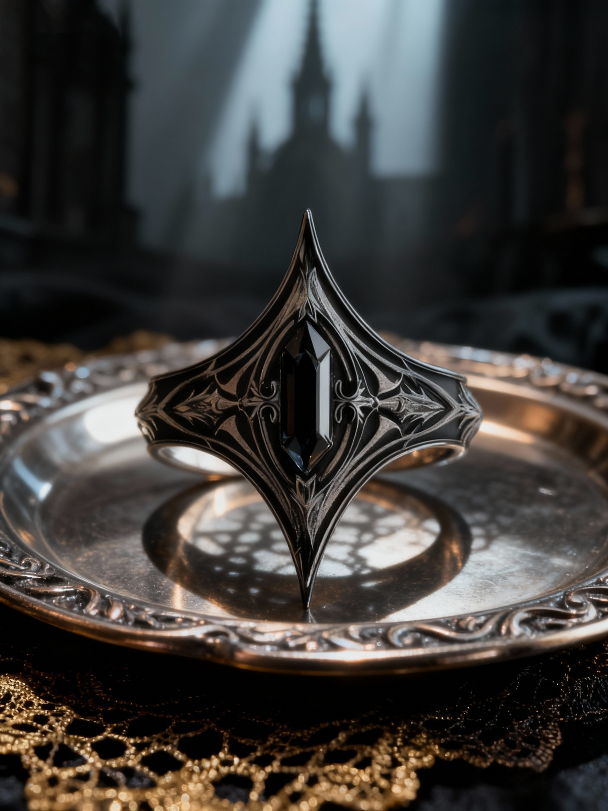 Handcrafted gothic armor onyx silver ring by Kurga Atelier resting on a vintage silver tray inside a gothic cathedral. Dark academia medieval jewelry.