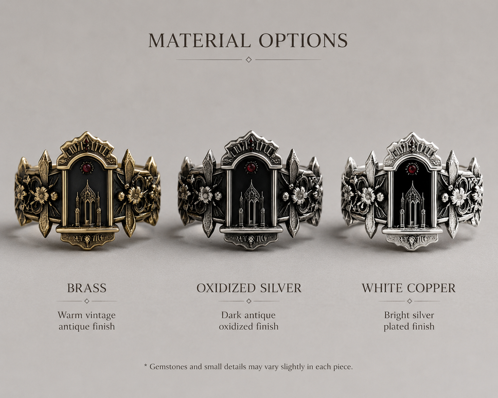 Kurga Atelier material options for gothic cathedral reliquary ring in brass, oxidized silver, and white copper.