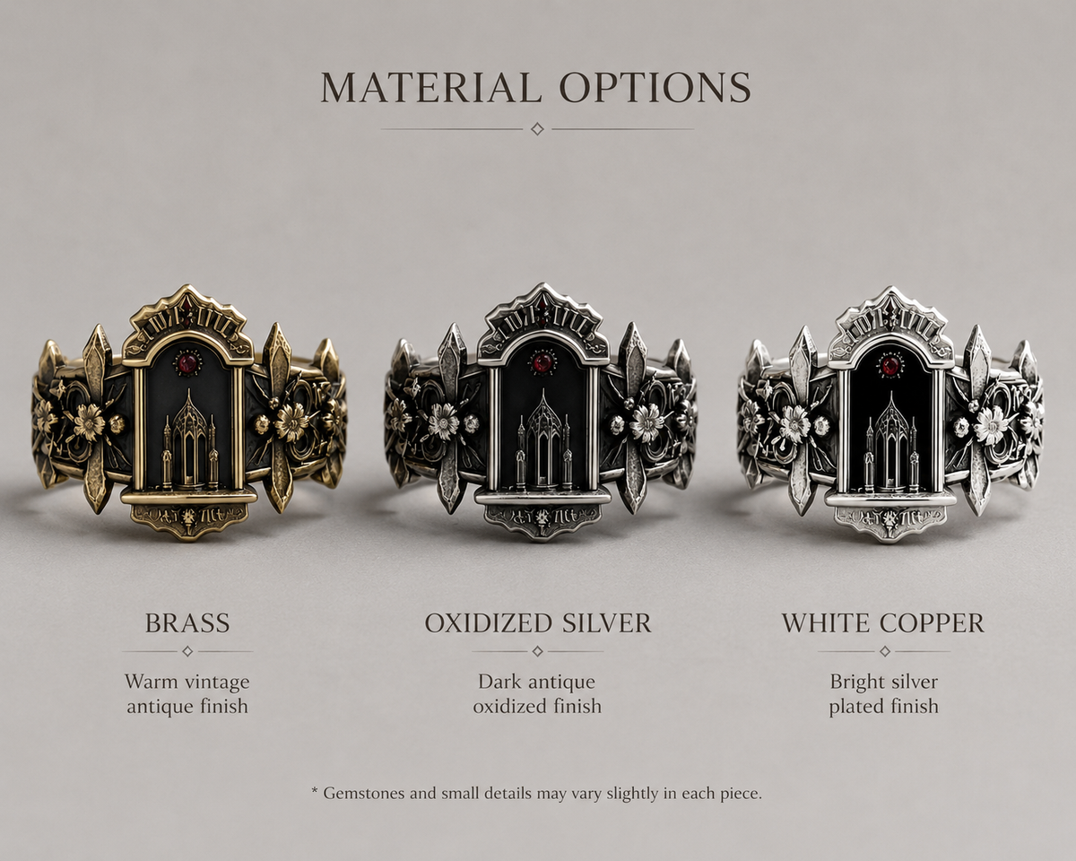 Kurga Atelier material options for gothic cathedral reliquary ring in brass, oxidized silver, and white copper.