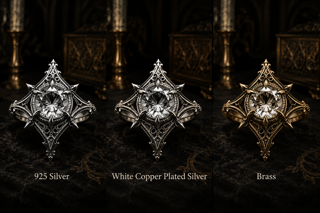 Three material options for gothic cathedral ring including 925 sterling silver, white copper plated silver, and brass, showcasing dark academia jewelry styles.