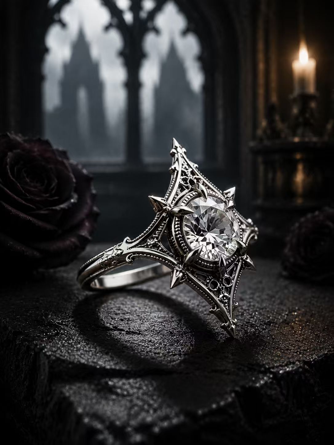 Side perspective view of a gothic cathedral engagement ring with sparkling round moissanite stone resting on a dark textured surface next to a red rose.