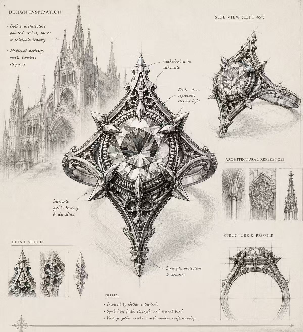 Design concept sketch of a medieval cathedral gothic ring detailing structural dimensions, filigree pattern notes, and vintage gothic architectural elements.