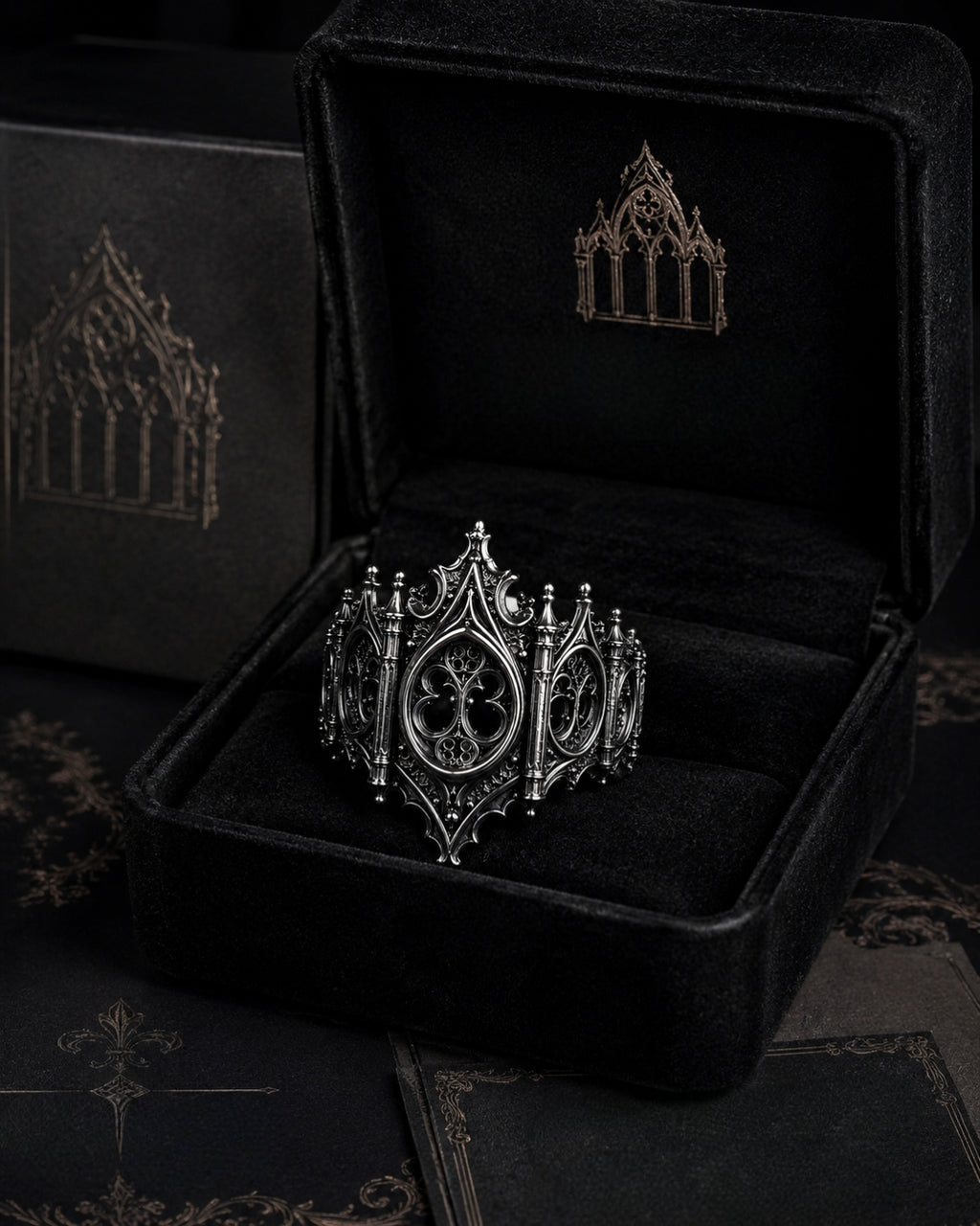 Kurga Atelier gothic cathedral silver ring presented inside a premium black velvet jewelry box with branded gold foil logo.