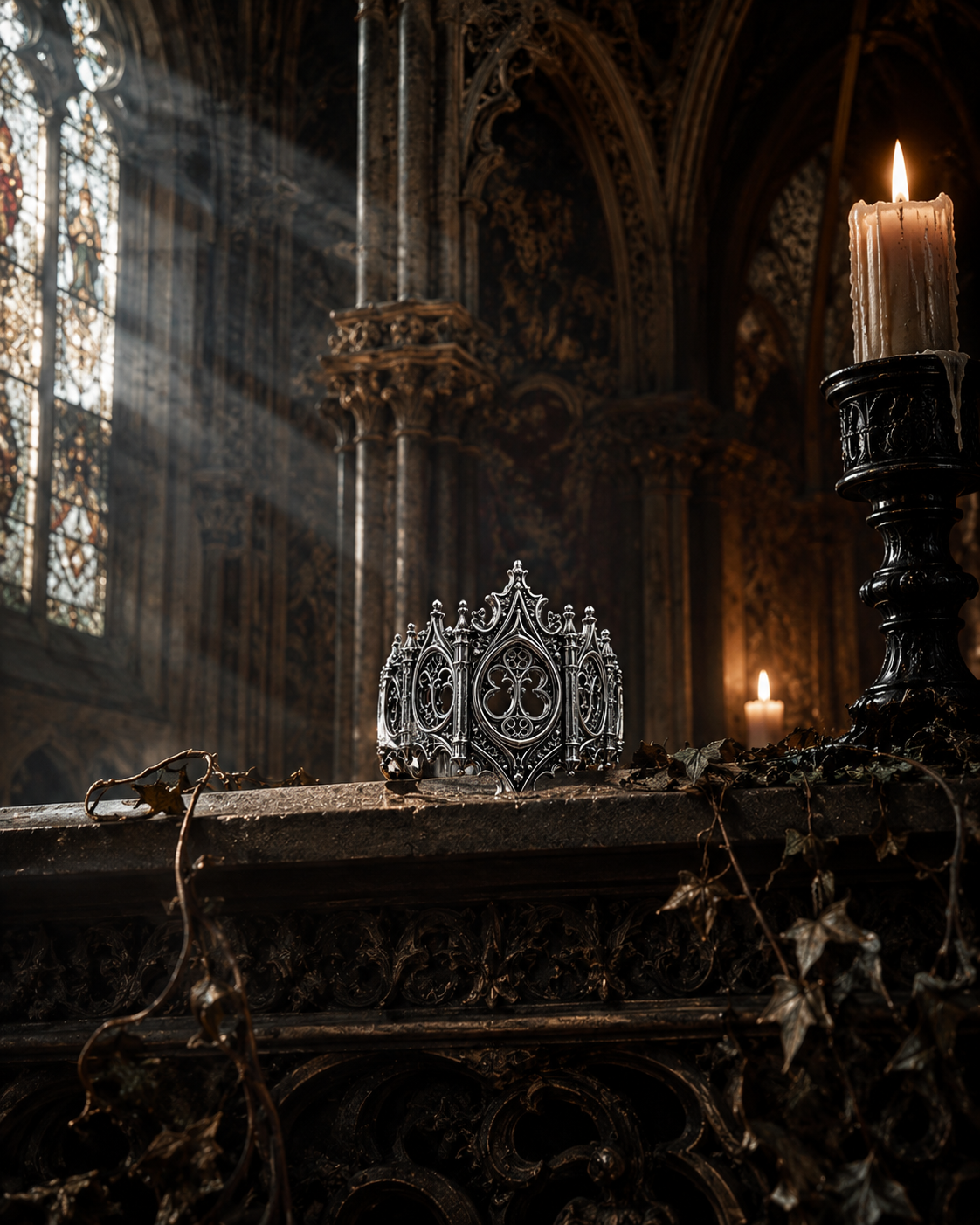 Kurga Atelier handcrafted silver gothic cathedral ring placed on an ornate altar with soft sunlight inside a medieval cathedral.