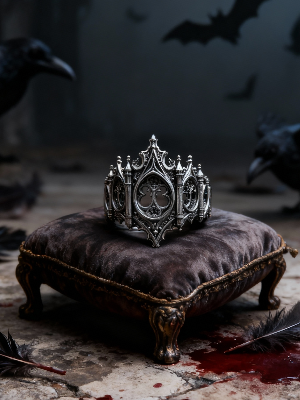Kurga Atelier gothic cathedral window ring in oxidized sterling silver resting on a vintage velvet cushion with dark aesthetic feathers, gothic wedding ring.