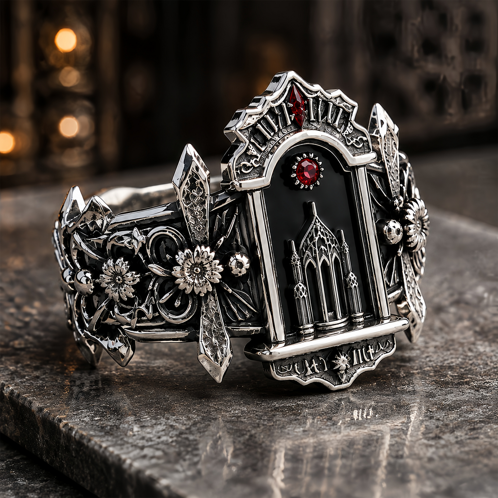 Kurga Atelier gothic architecture ring featuring miniature cathedral window arch, rib vault design, and red moissanite.