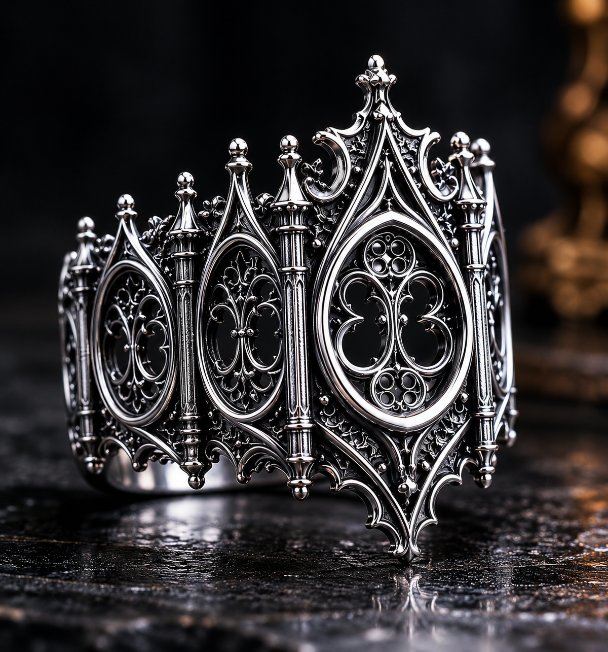 Angled close-up of Kurga Atelier gothic cathedral window ring in 925 sterling silver, highlighting detailed miniature spires and gothic architecture.