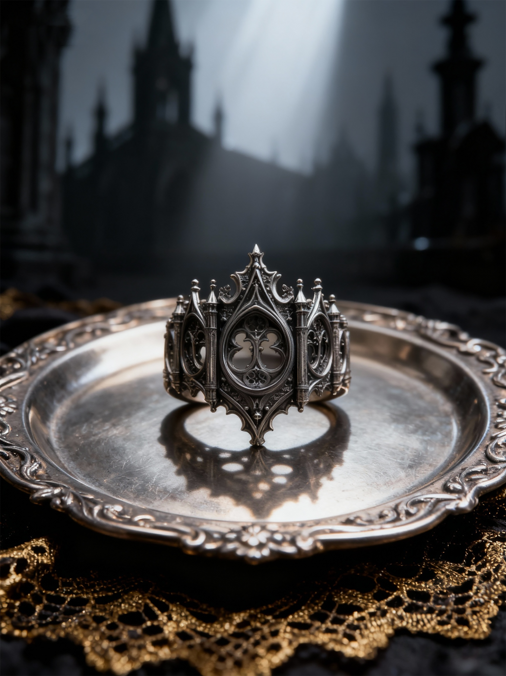 Kurga Atelier oxidized silver gothic cathedral ring styled on a vintage antique silver tray in a dark romantic aesthetic setting.