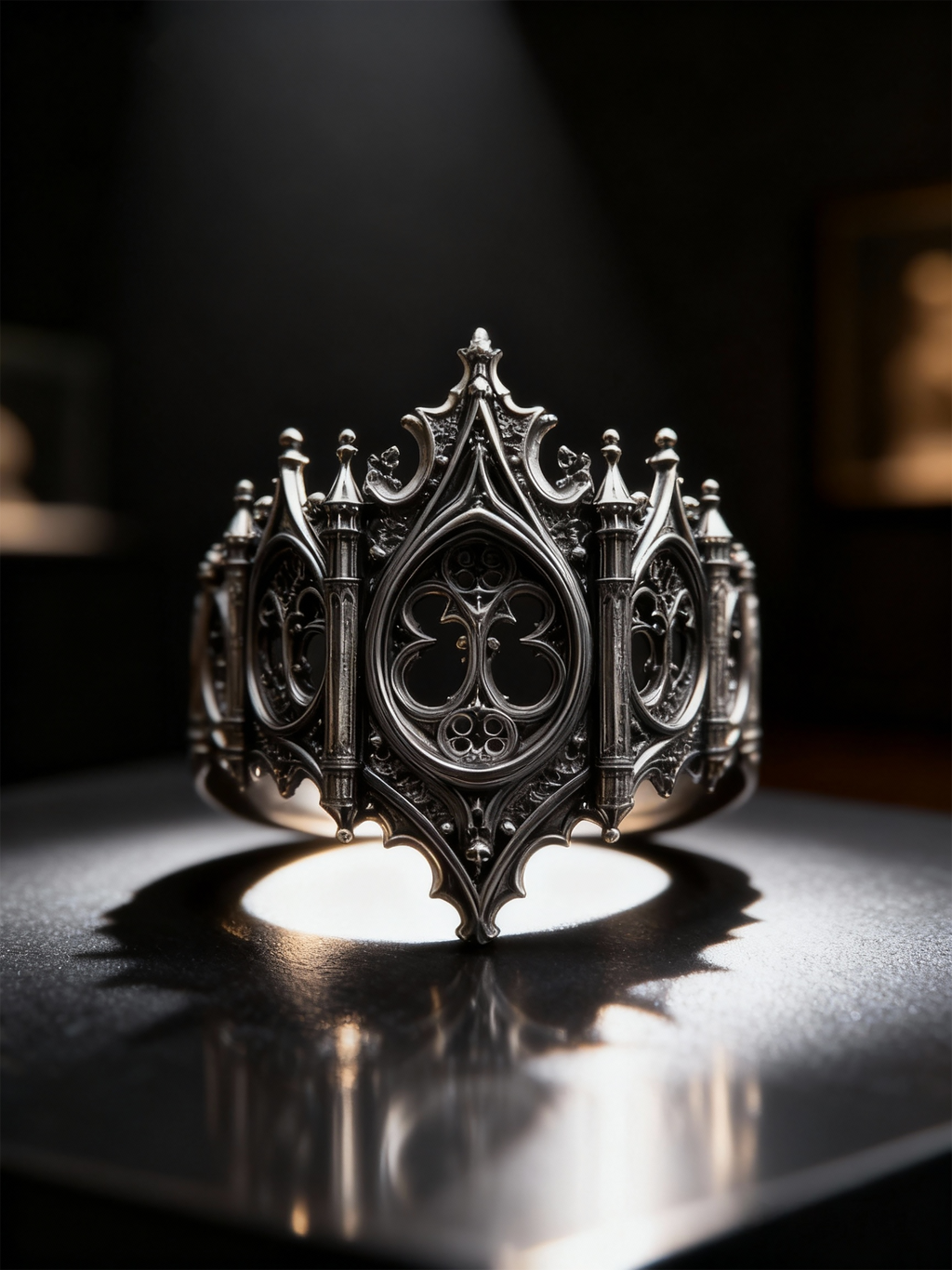 Dramatic lighting highlighting the cathedral arches and spires of the Kurga Atelier oxidized sterling silver gothic ring.