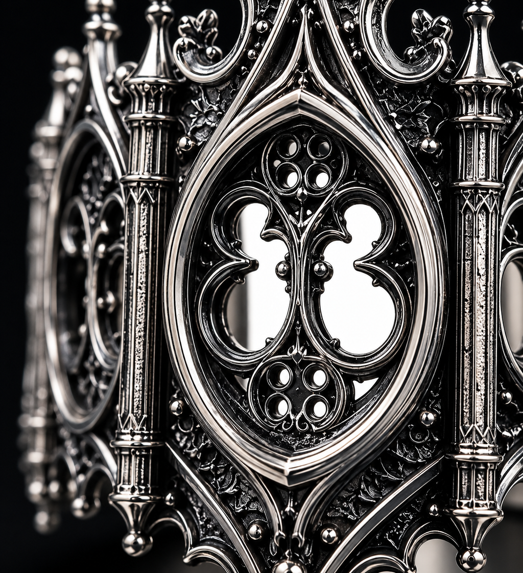 Extreme close-up of Kurga Atelier gothic ring showing intricate hollowed cathedral window tracery and oxidized sterling silver craftsmanship.