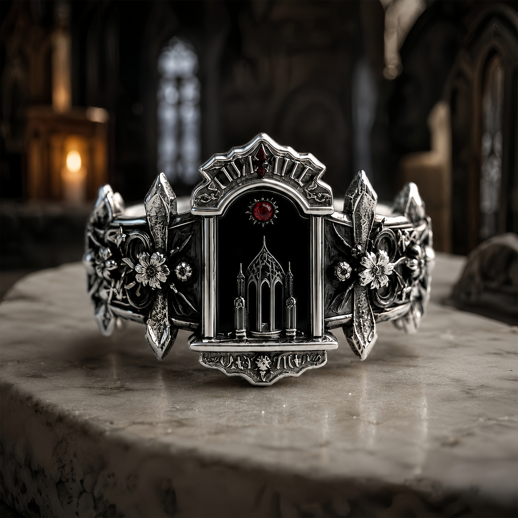 Gothic cathedral reliquary ring in 925 sterling silver with detailed spires and inlaid red gemstone on a stone surface.