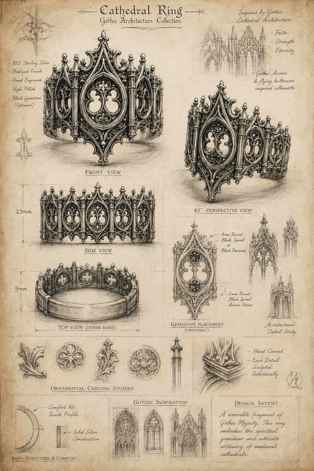 Hand-drawn architectural design sketch and blueprint manuscript for the Kurga Atelier gothic cathedral window silver ring.