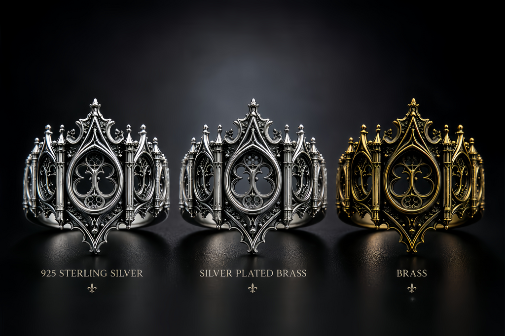 Kurga Atelier gothic cathedral ring available in 925 sterling silver, gold plated silver, and brass material options.
