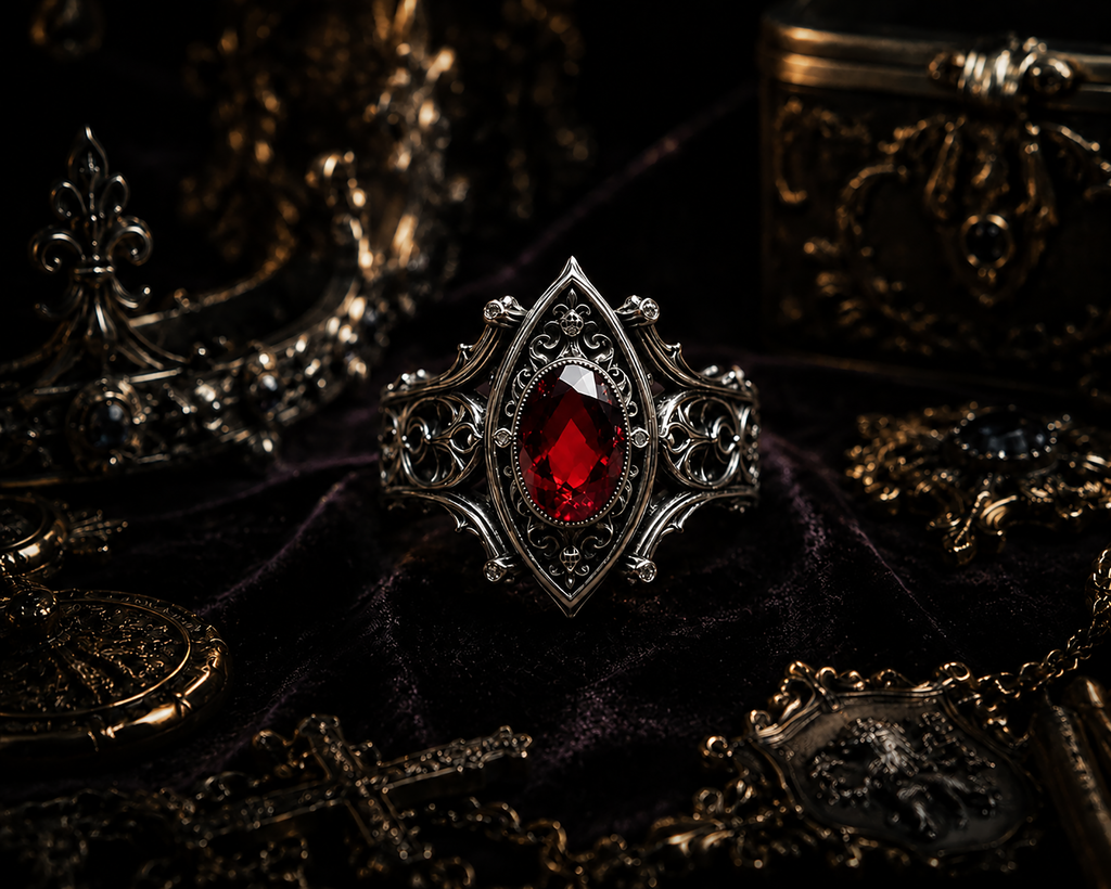 Kurga Atelier alternative engagement ring styled in a moody antique gothic setting with candlelight, evoking a dark academia aesthetic.