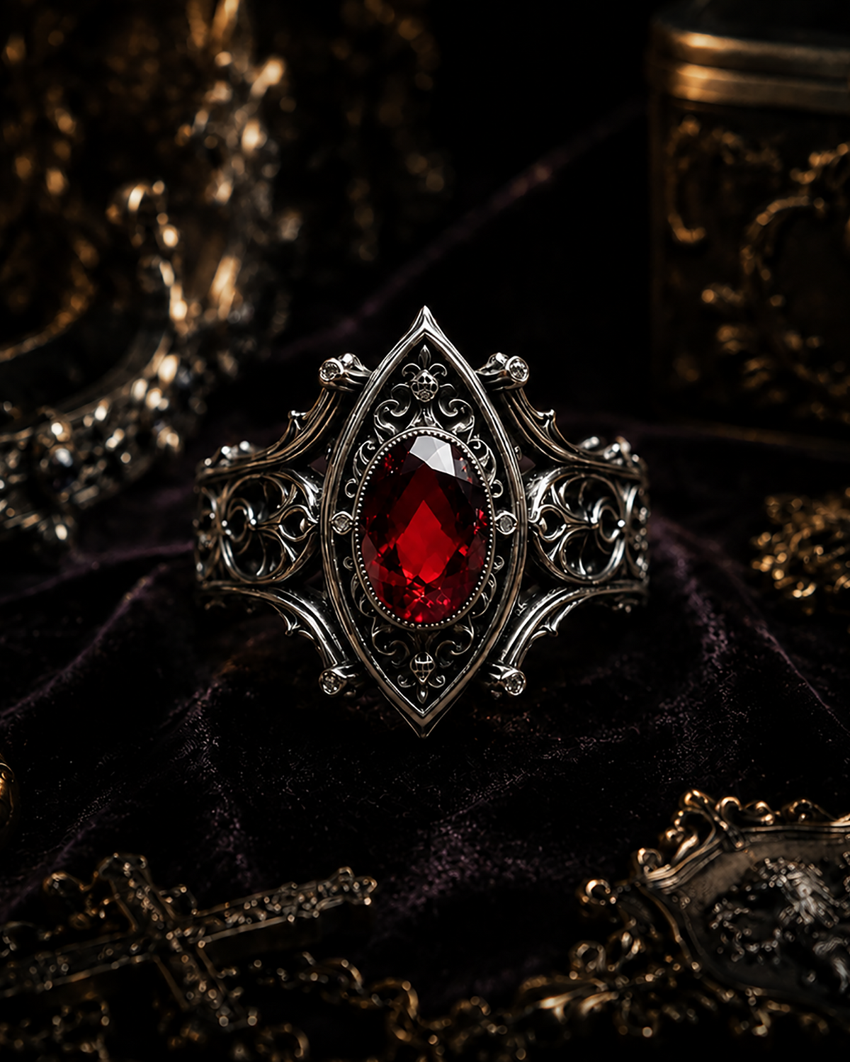 Kurga Atelier Dark Gothic S925 Silver Ruby Vintage Ring, exquisite medieval vampire night aesthetic design.