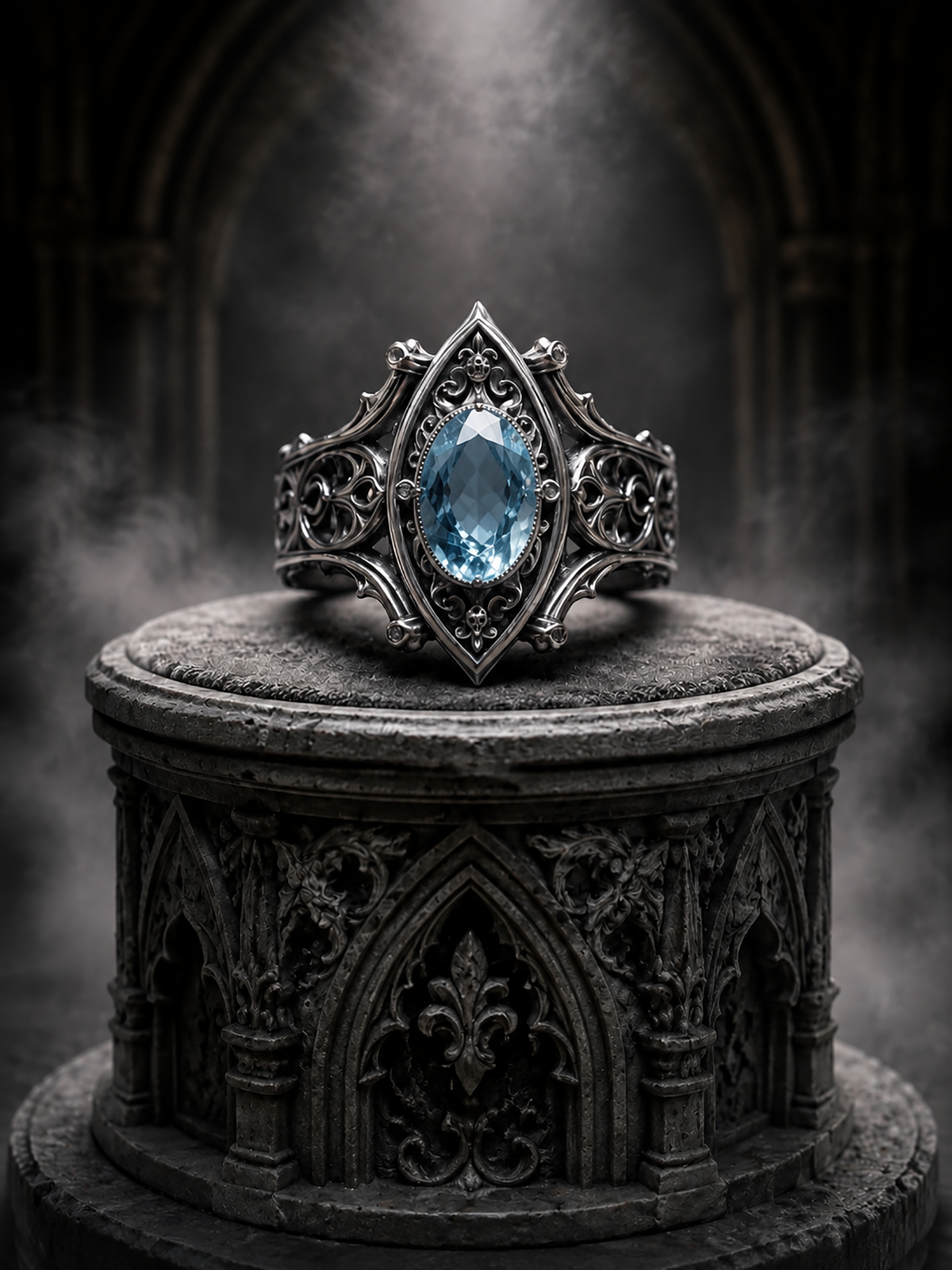 Kurga Atelier Gothic Ice Blue Gemstone Sterling Silver Ring, column stand highlights dark magic.