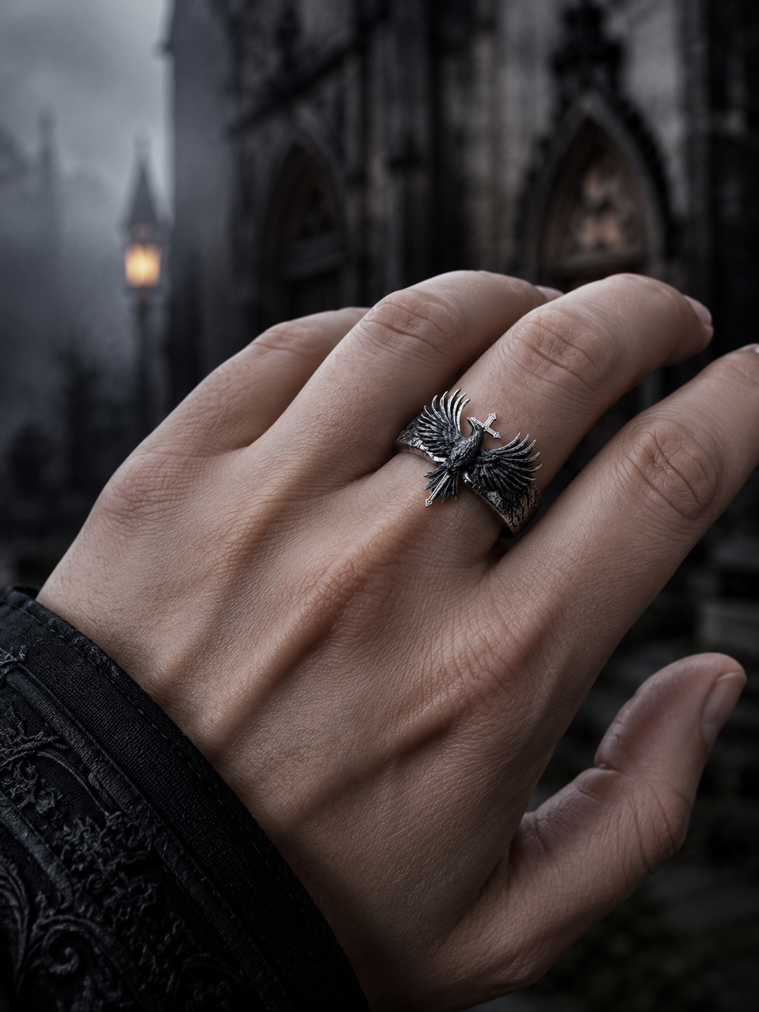 Hand wearing the Kurga Atelier gothic statement raven ring against a misty medieval cathedral backdrop, demonstrating daily armor presence.