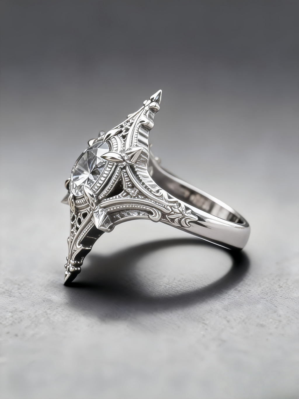 Side profile view of a gothic cathedral ring on a neutral grey background, highlighting the raised arch structure and medieval silver filigree band.