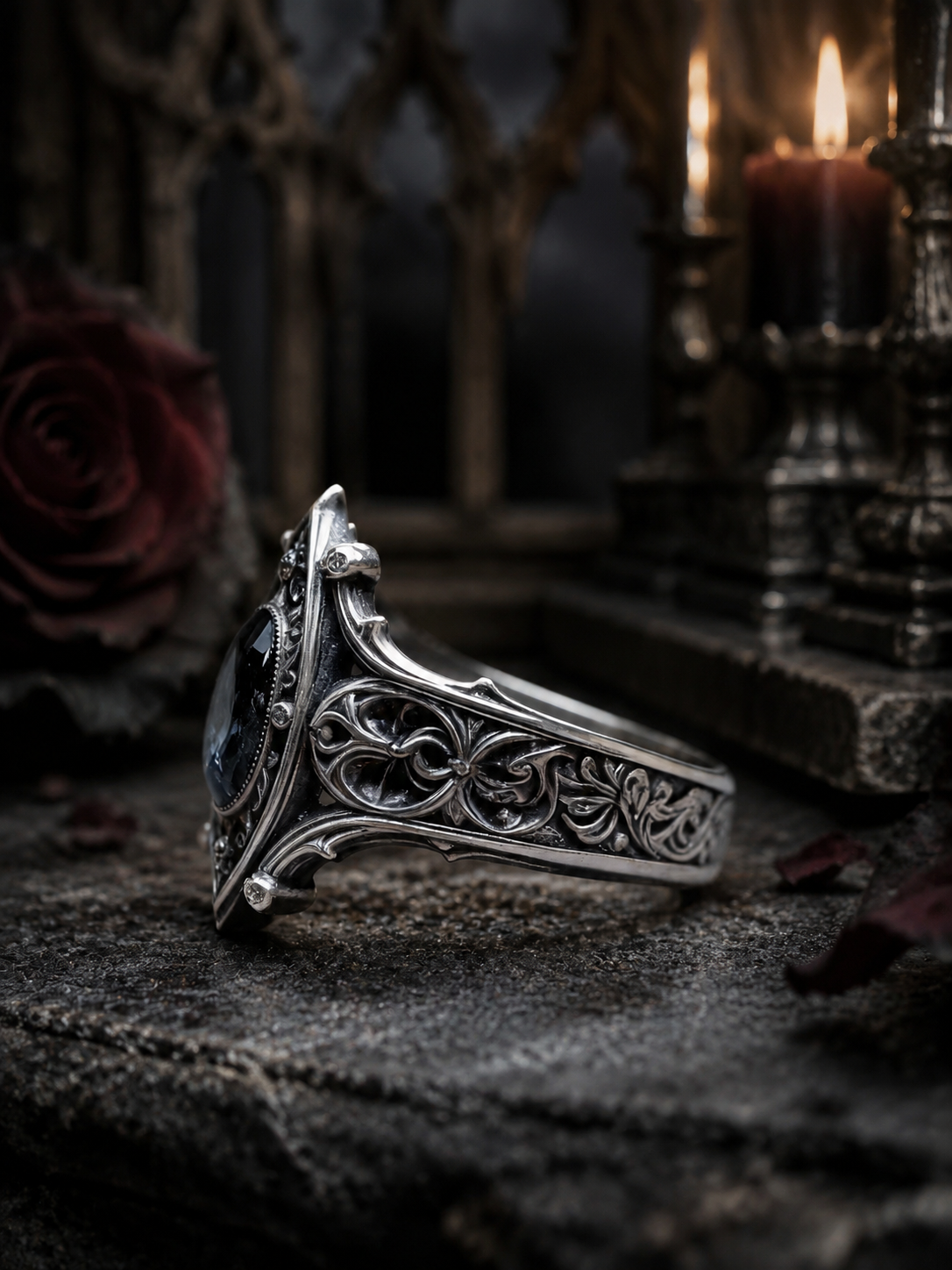 Kurga Atelier Gothic Ruby Sterling Silver Ring still life, medieval romantic luxury under dark candlelight.