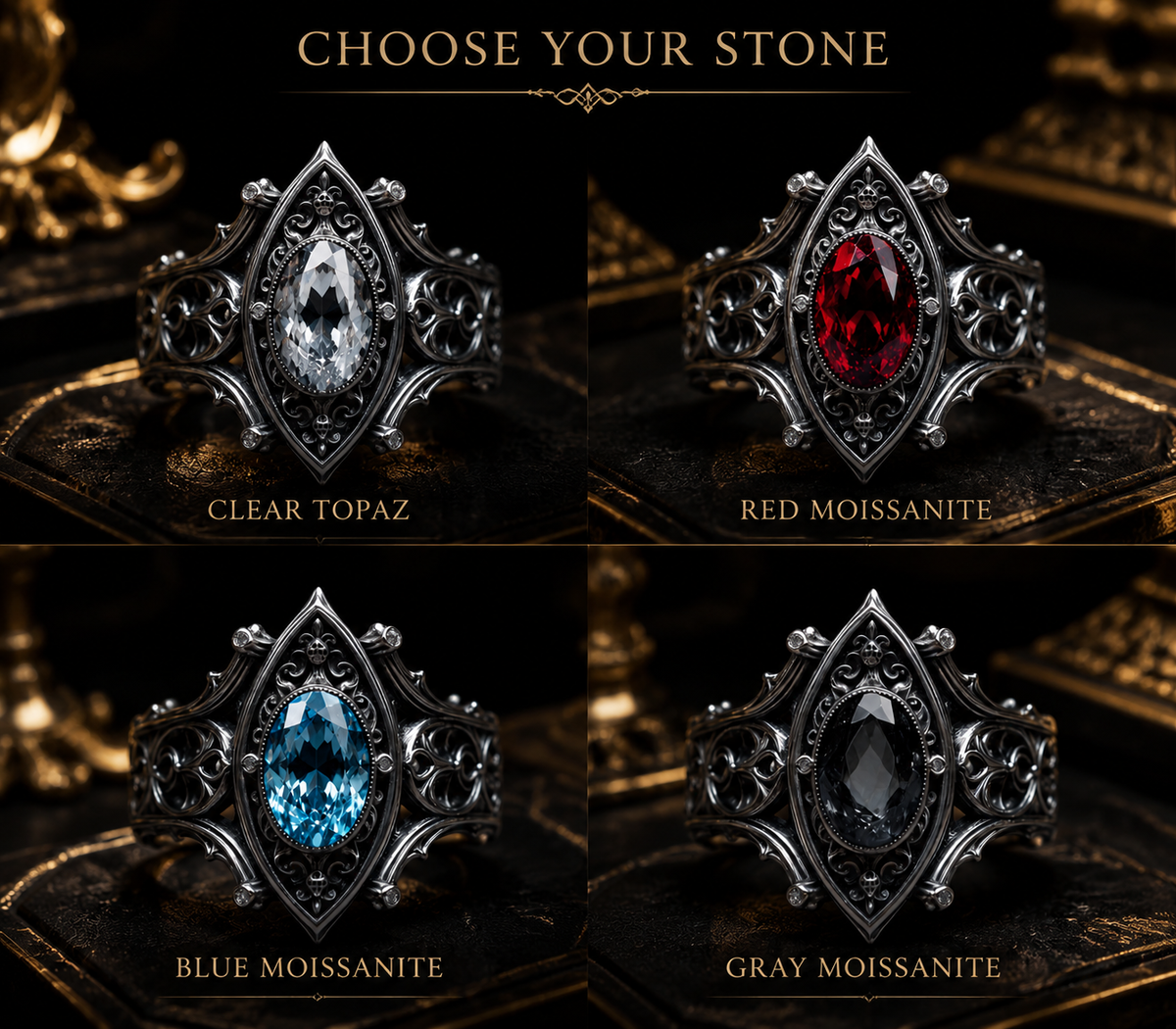 Kurga Atelier Gothic ring stone options: Clear Topaz, Red Moissanite, Blue Moissanite, and Gray Moissanite in ornate silver settings.