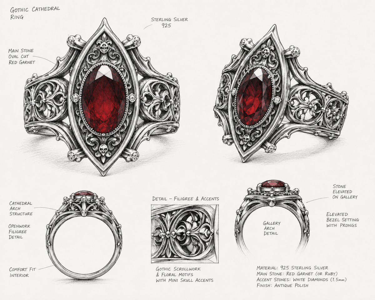 Kurga Atelier Gothic Ruby Silver Ring blueprint, ingenious craftsmanship shows dark gothic symmetry.
