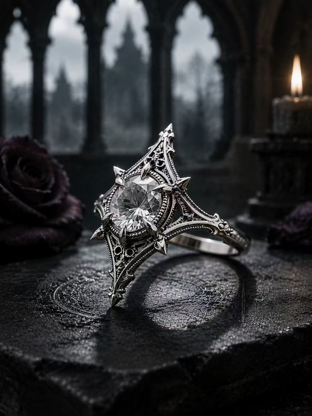 Gothic alternative wedding ring featuring a brilliant moissanite crystal, intricate filigree Cathedral frame, and dark medieval architecture in the background.
