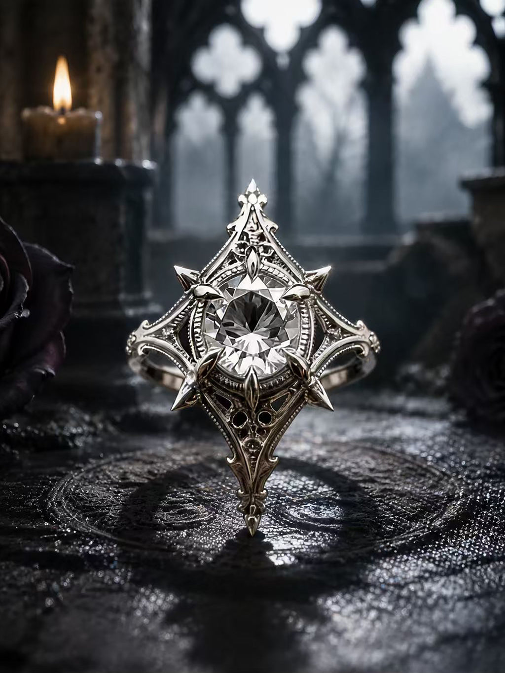 Gothic cathedral engagement ring with a round moissanite center stone, set in oxidized sterling silver with detailed medieval spire carvings against a dark castle background.
