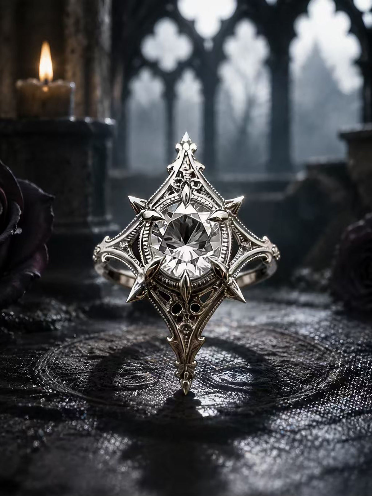 Gothic cathedral engagement ring with a round moissanite center stone, set in oxidized sterling silver with detailed medieval spire carvings against a dark castle background.