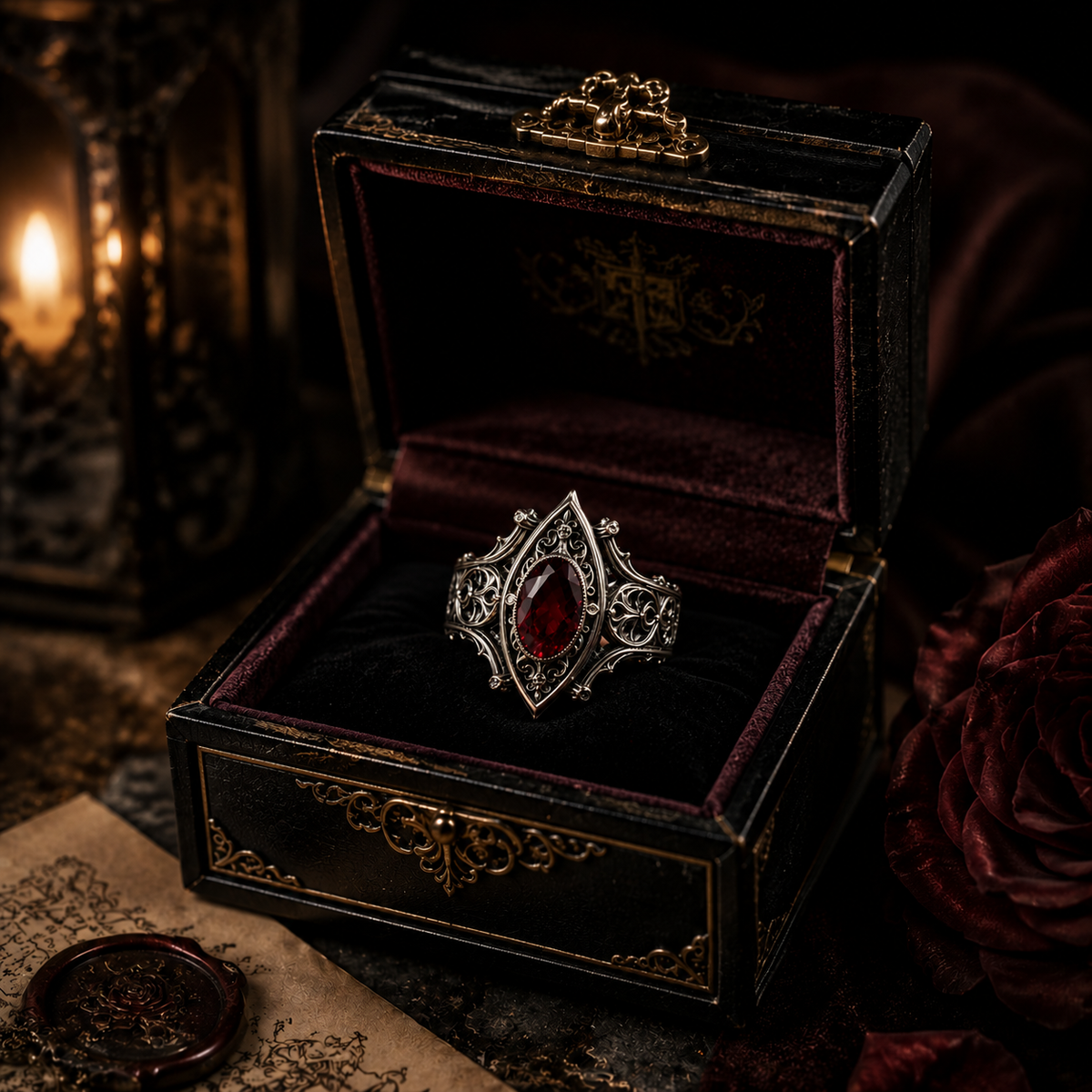 Kurga Atelier Gothic Luxury Ruby Silver Ring, dark vintage wooden box collection, noble identity.