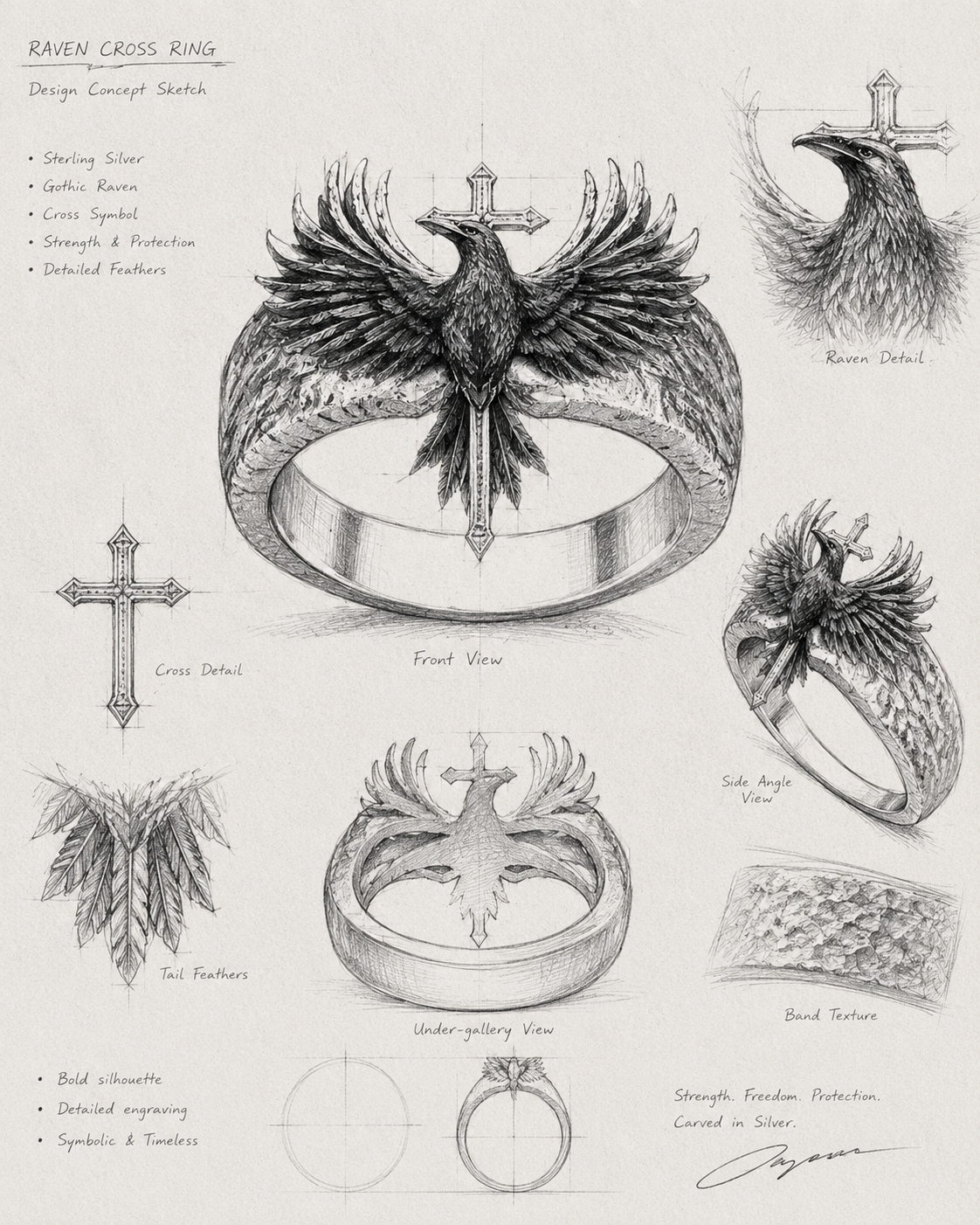 Vintage dark academia architectural blueprint sketch of the Kurga Atelier raven cross ring, displaying scholastic proportions and gothic design notes.