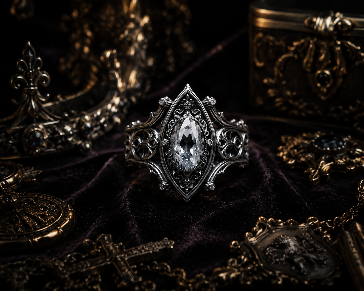 Kurga Atelier Gothic Night Sterling Silver Ring display, deep background shows ultimate vampire luxury.