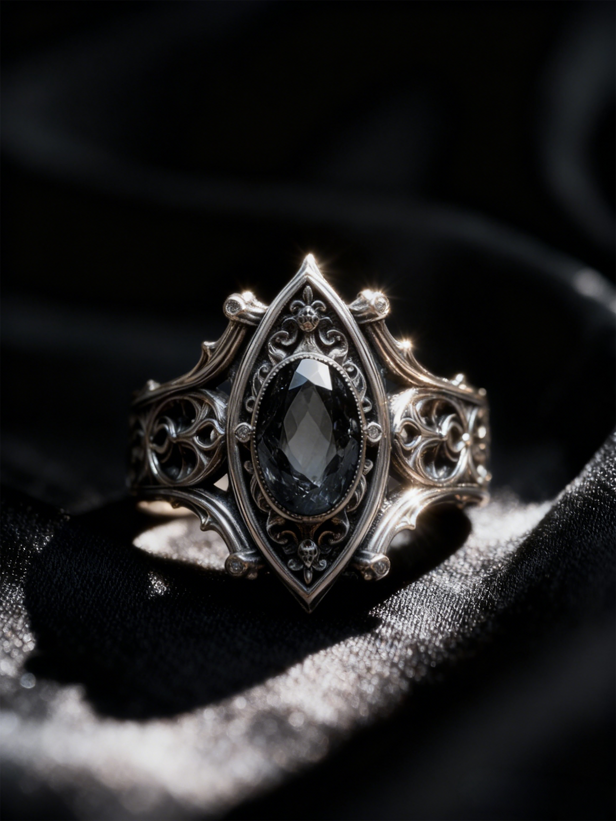 Kurga Atelier Gothic Night Obsidian Silver Ring, blue velvet highlights medieval mysterious luxury.